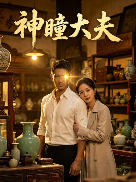 Man with bright forehead, woman embracing him in antique shop. Title: '神瞳大夫'.