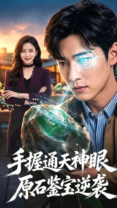Man with glowing blue eye holds a glowing green gem, woman stands in background.