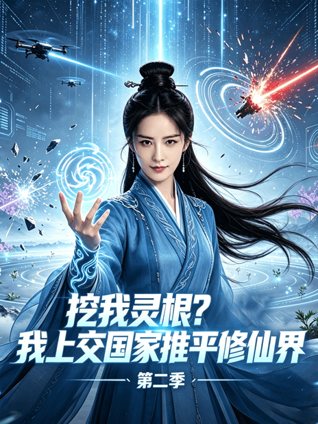 Woman in blue traditional attire conjures glowing energy before a futuristic fantasy cityscape.