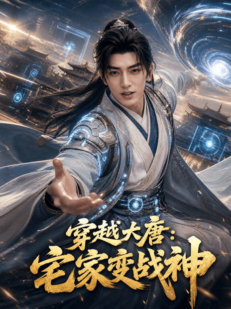 Young man in traditional attire extends hand, surrounded by futuristic city and glowing energy.